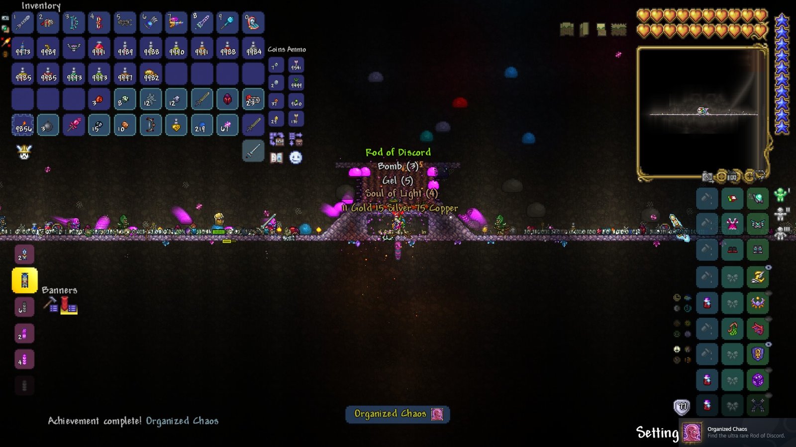 Screenshot of a Terraria 1.4.5 player in a Skyblock world, farming hallowed enemies, receiving the Rod of Discord from a Chaos Elemental, and being granted the new achievement "Organized Chaos".