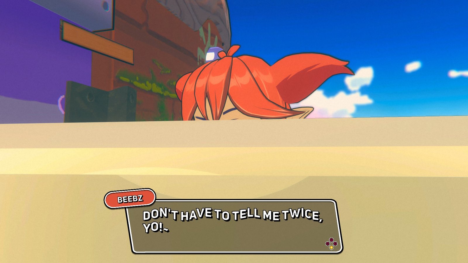 Screenshot of Demon Tides, with the camera clipped into an object during a cutscene where Beebz is saying "Don't have to tell me twice, yo!~"
