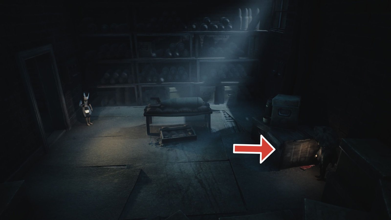 Arrow pointing to the secret code on a box in Reanimal