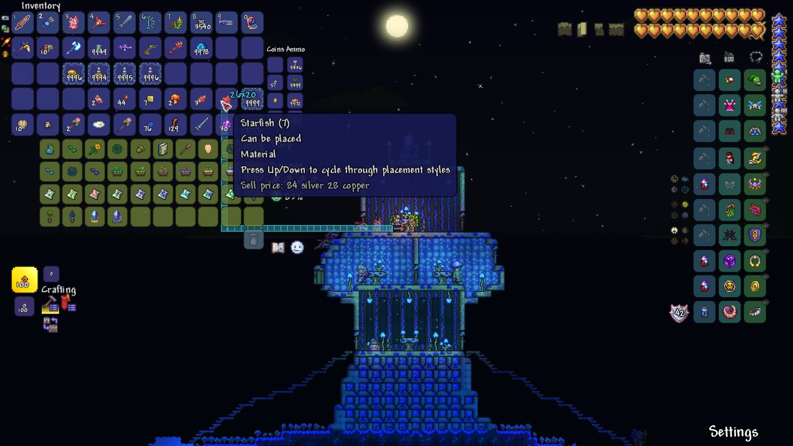 Screenshot of a player selling Starfish to the Dryad for 84 Silver in Terraria 1.4.5.