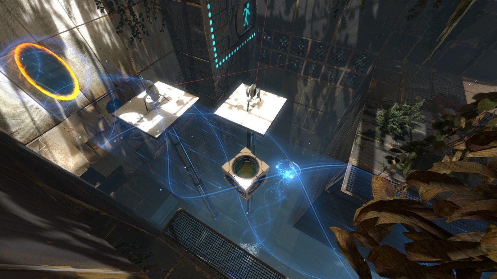 Showing Portals, turrets and tractor beams in Portal 2.