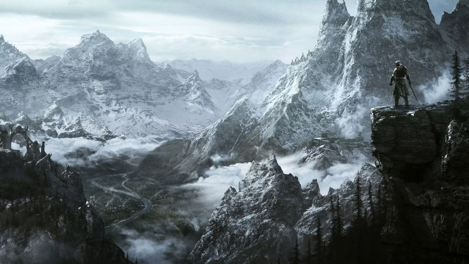 Wide landscape of Skyrim, with the Dragonborn on the right side
