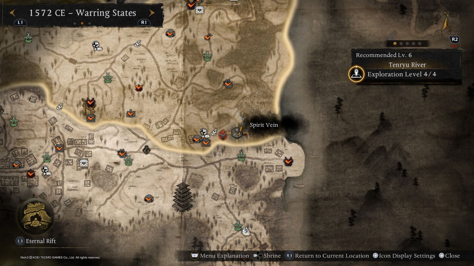Map showing the location of a Spirit Vein in Nioh 3
