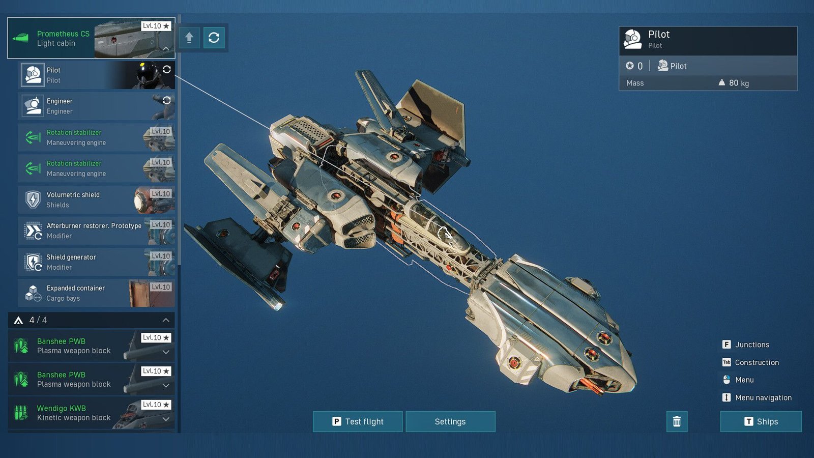 The menu for crafting a ship in Star Wrath