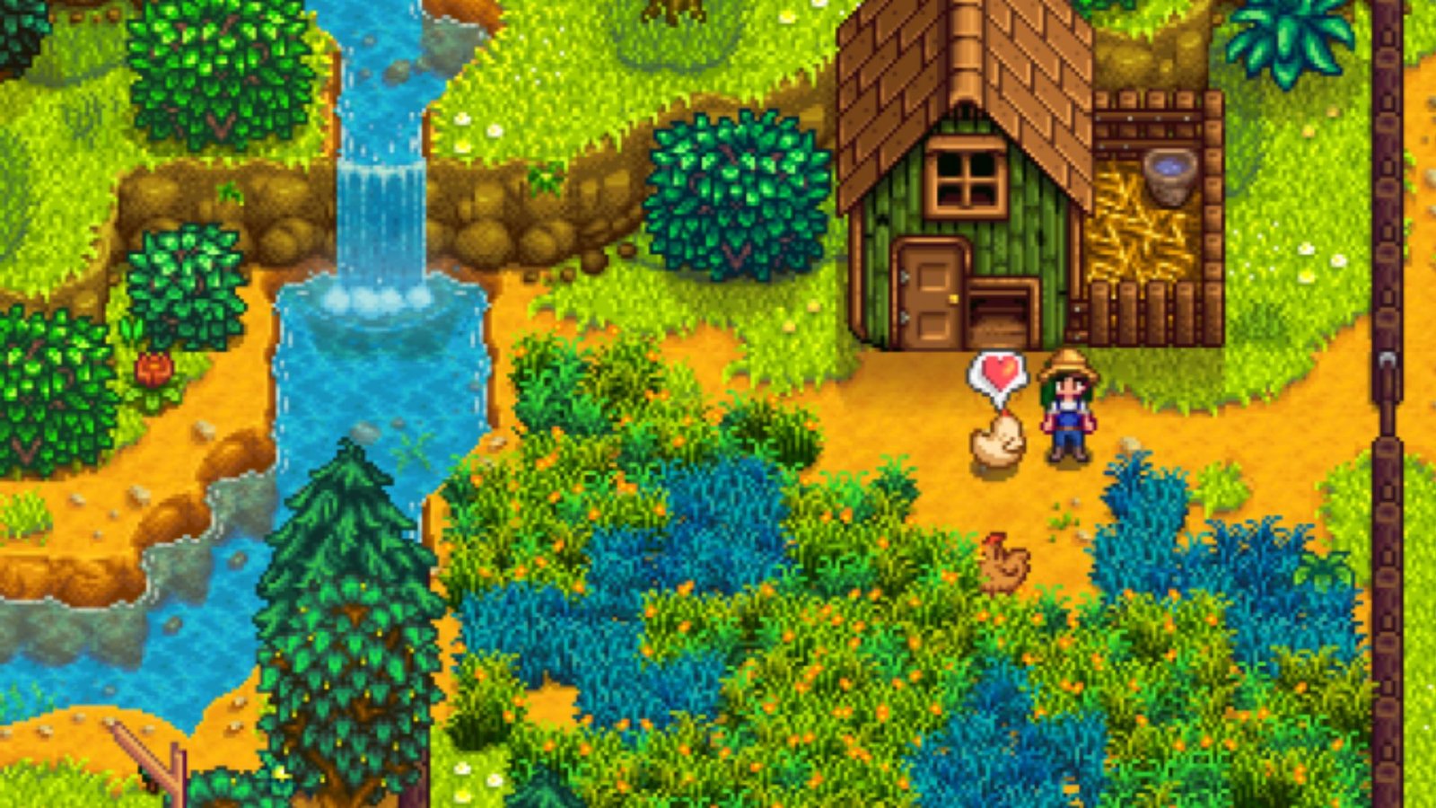 Stardew Valley player meets chicken in front of house
