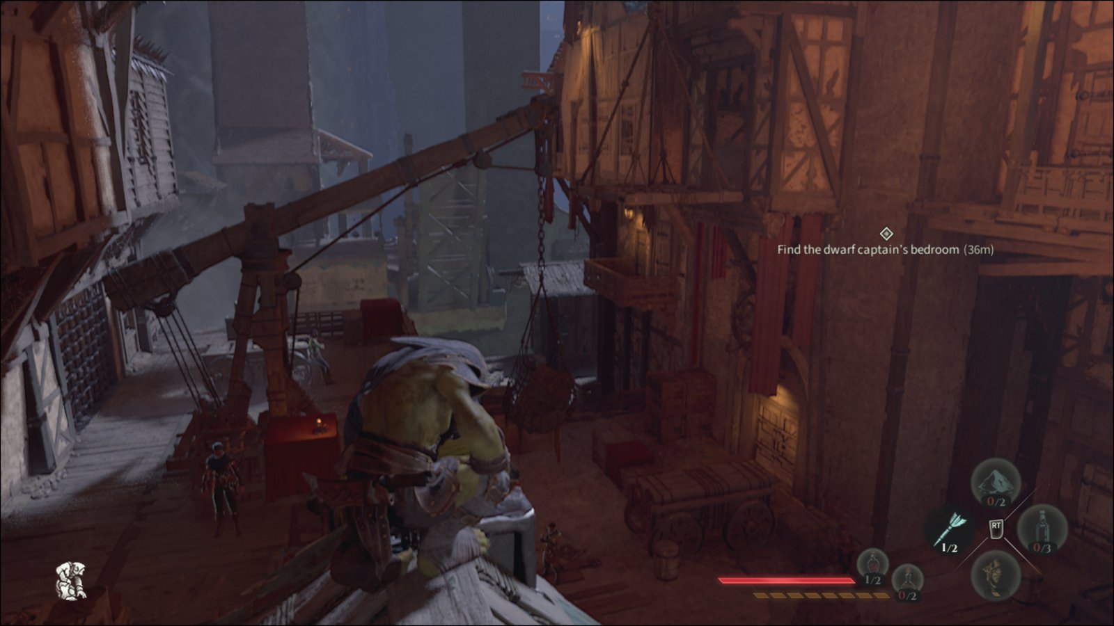 Goblin perched on rooftop looking at crane