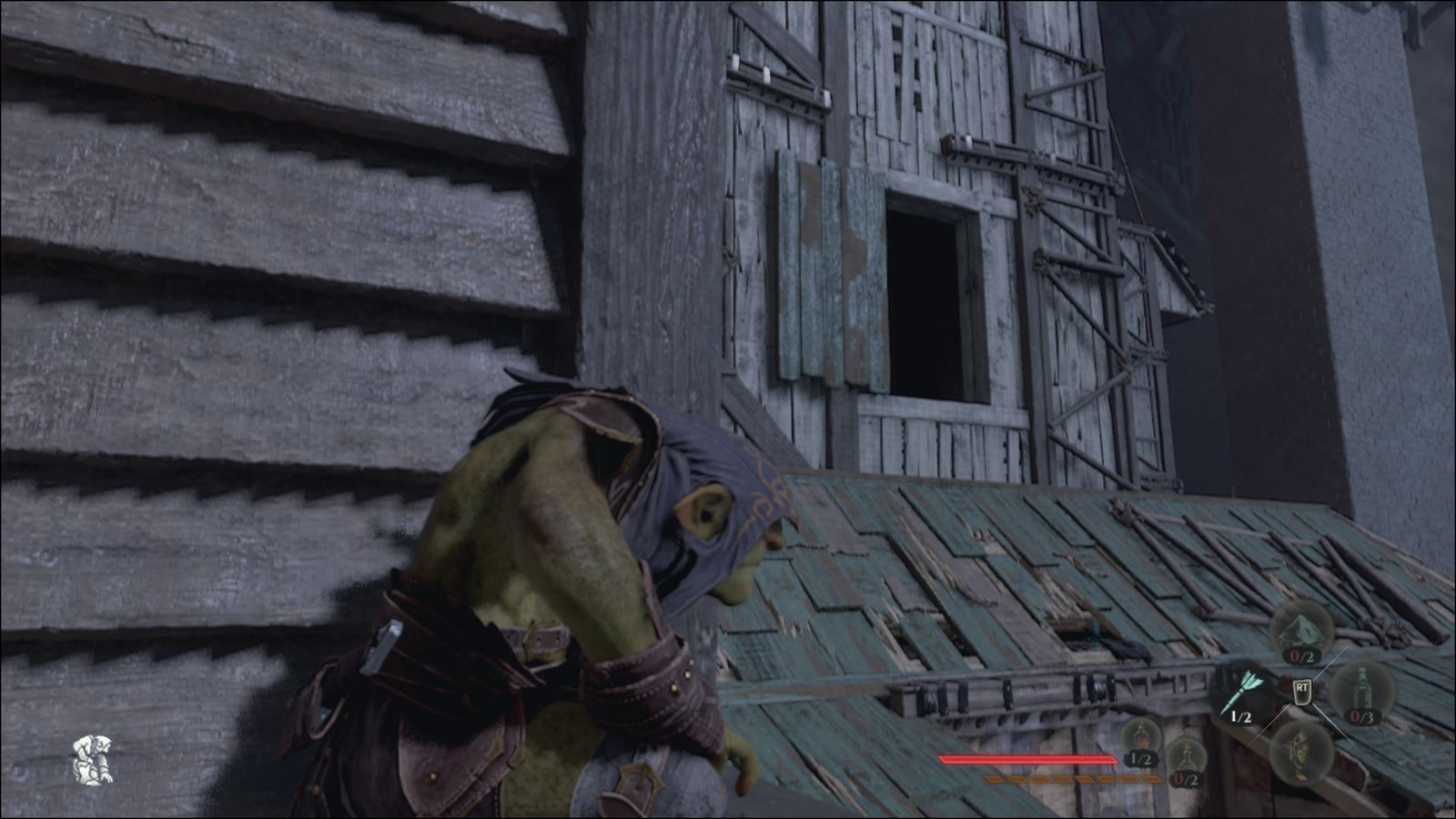 goblin perched on windowsill on rooftop