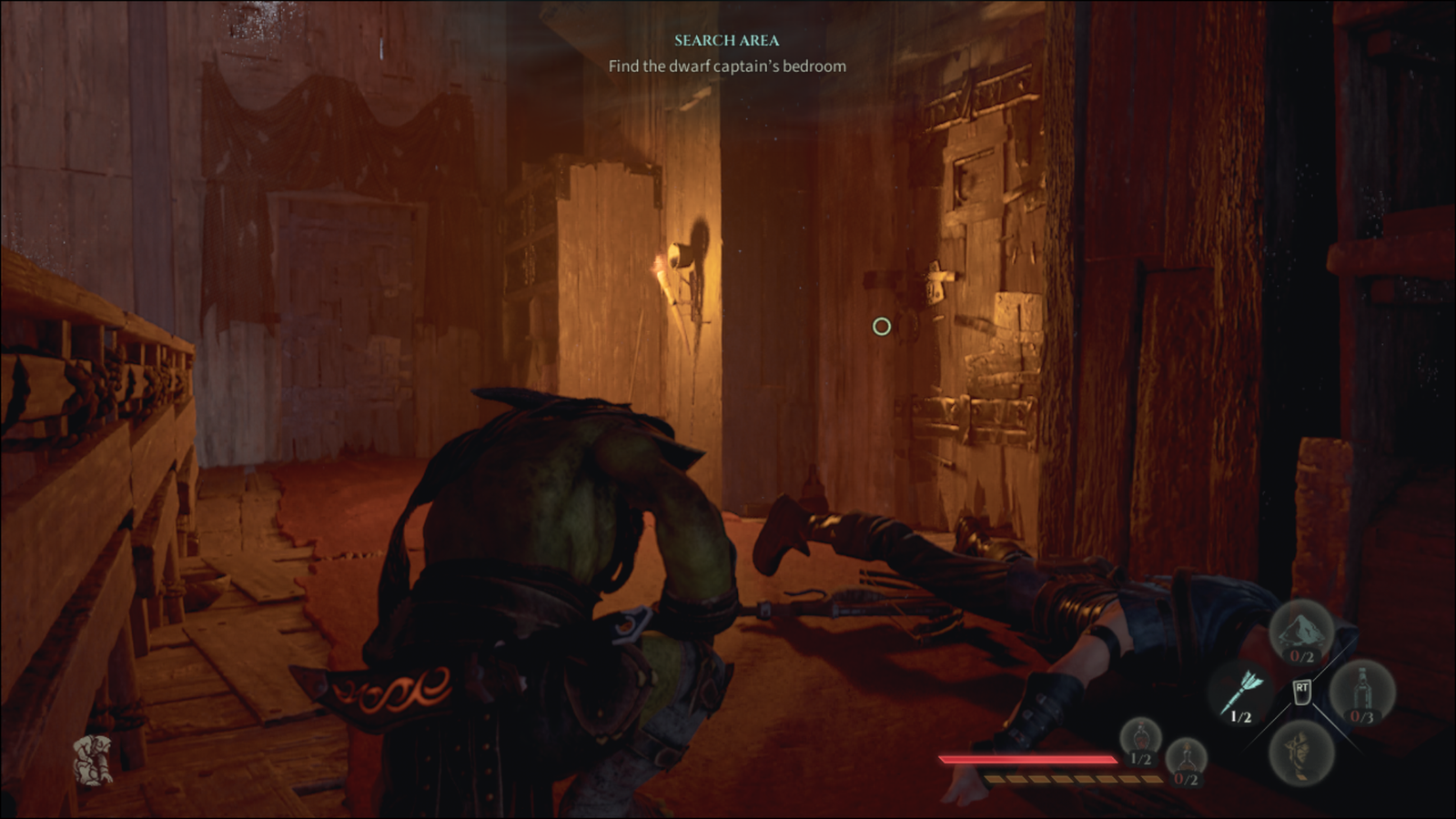goblin crouched in hallway next to body