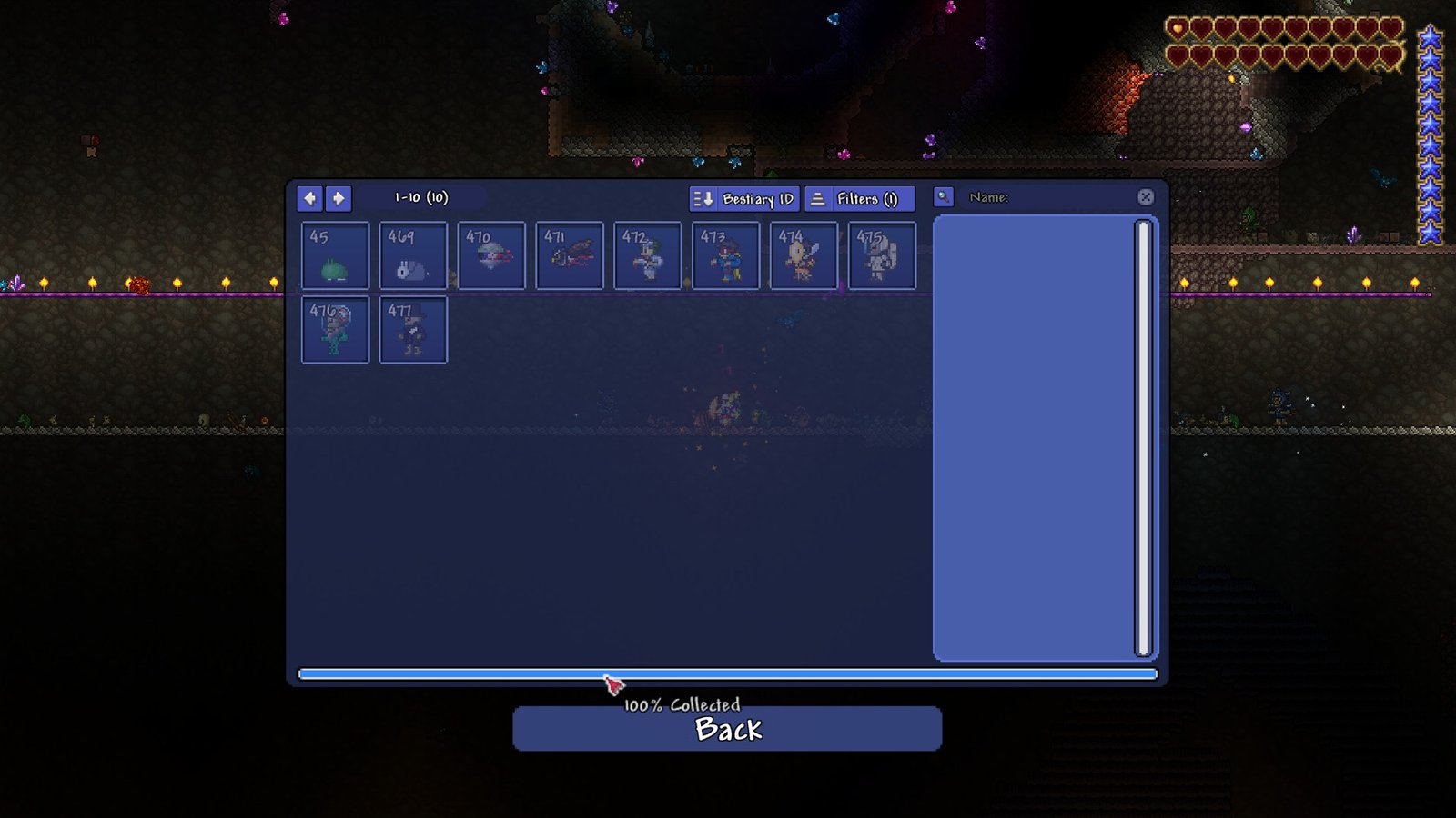 Screenshot of a Terraria 1.4.5 player looking at their Bestiary with a 100% complete collection.
