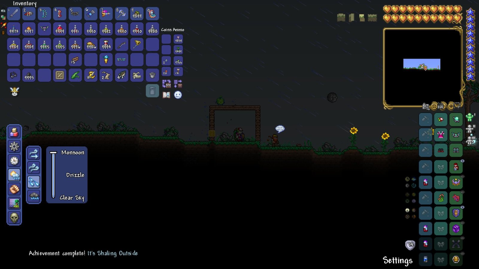 Screenshot of Terraria, with a player in the midst of Boulder Rain.