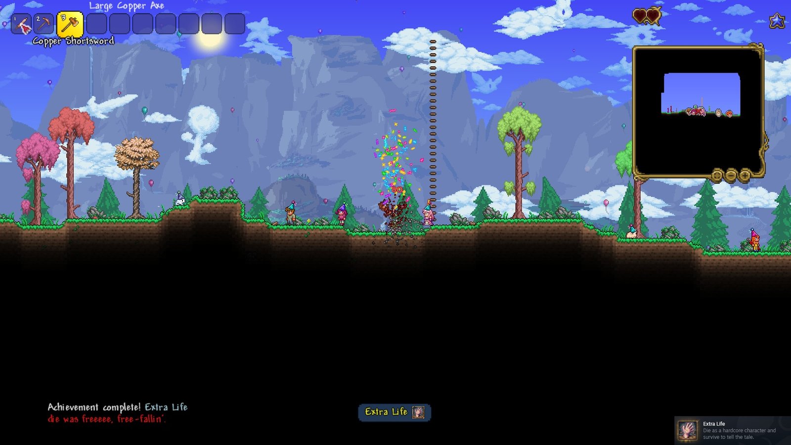Screenshot of a player dying in a hardcore Terraria world, but living to tell the tale, getting the Extra Life achievement.