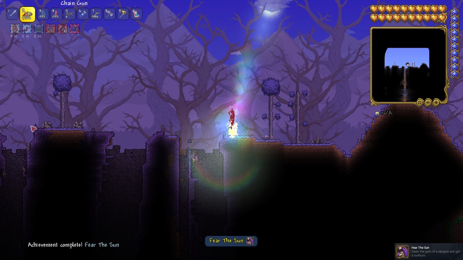 Screenshot of a Terraria player dying to the sun in the Vampirism seed.
