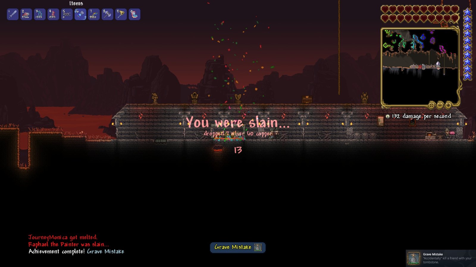 Screenshot of a player dying in a Zenith world in Terraria, getting the new achievement "Grave Mistake".