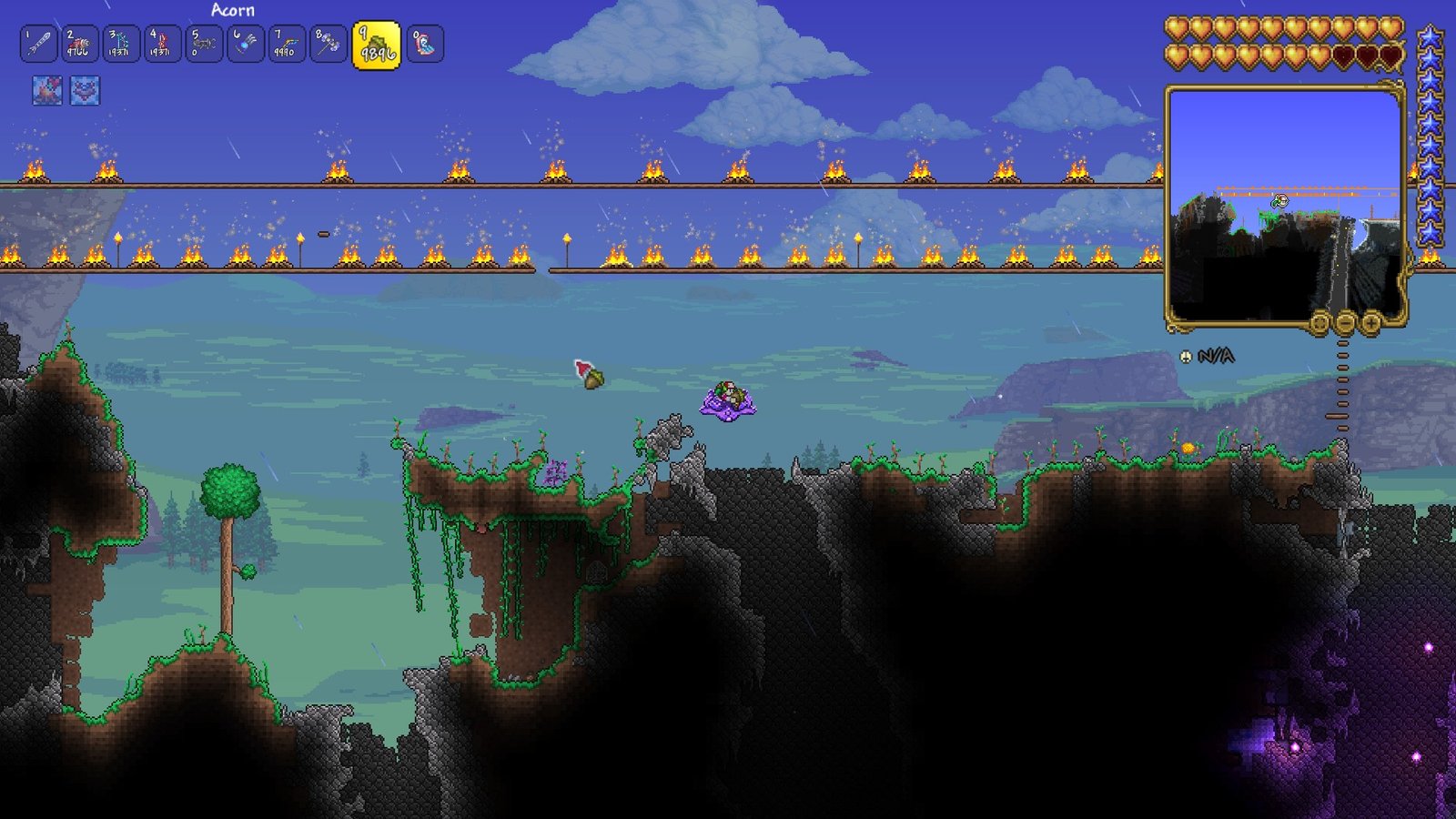 Screenshot of a Terraria 1.4.5 player planting acorns, getting the new achievement "Conservationist".