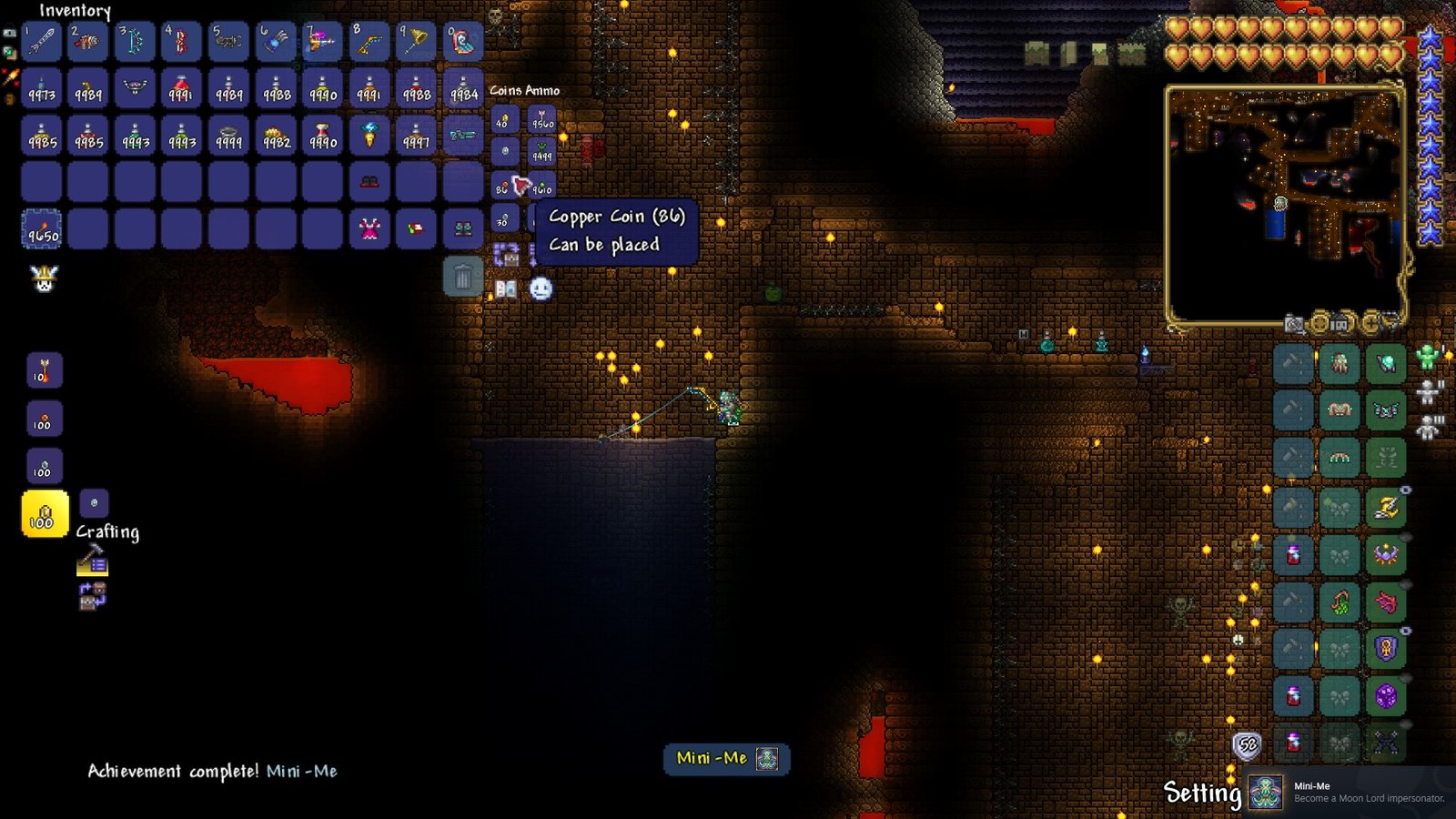 Terraria 1.4.5 player fishing in the dungeon to get the Moon Lord Torso, completing the new achievement "Mini-Me".