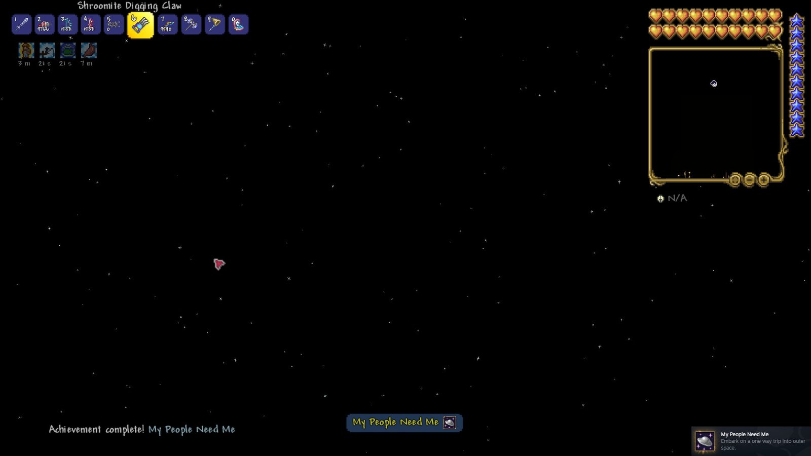 Screenshot of a Terraria player exceeding the top world border, getting the "My People Need Me" achievement.