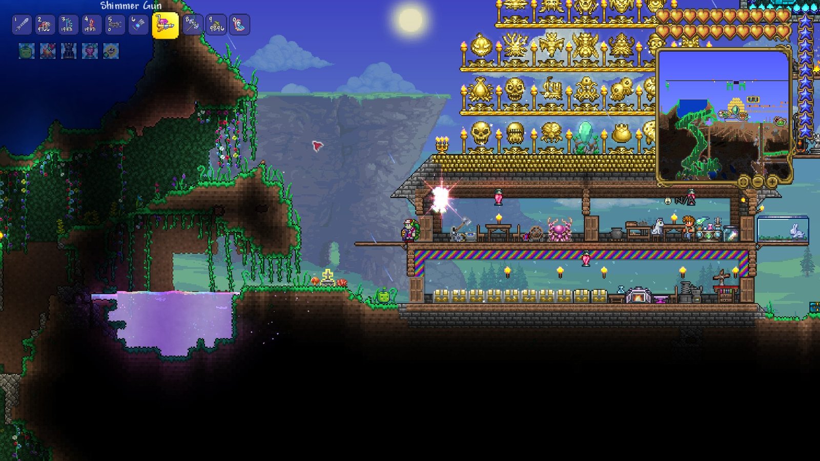 Screenshot of a Terraria player making the Dryad transform with a Shimmer Gun, getting the new achievement "New Digs".