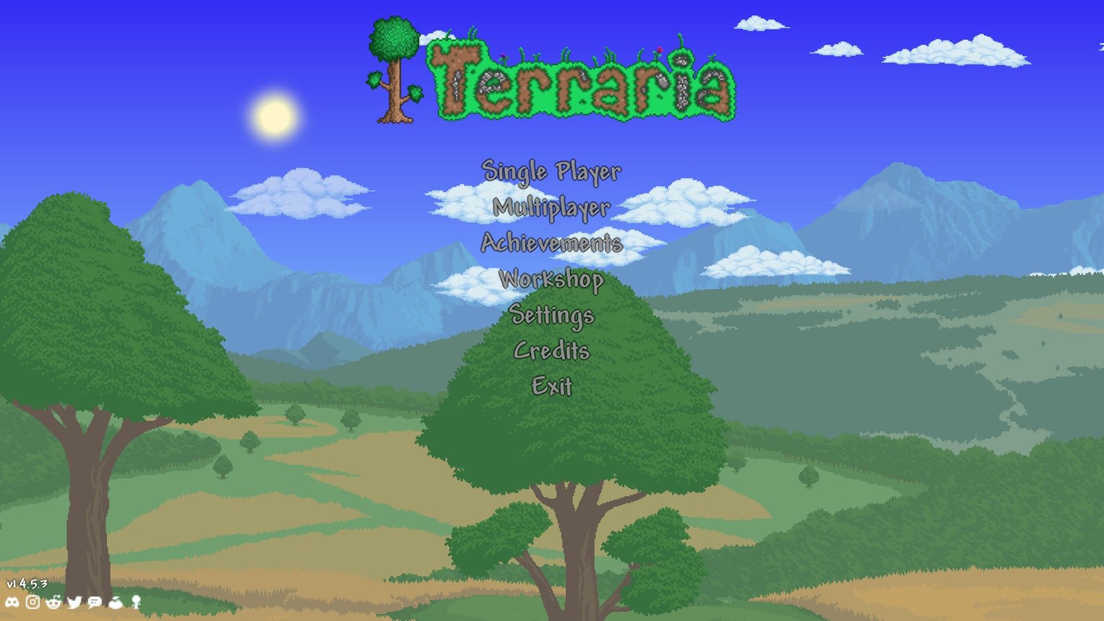 Screenshot of Terraria's Title Screen, with the classic logo.