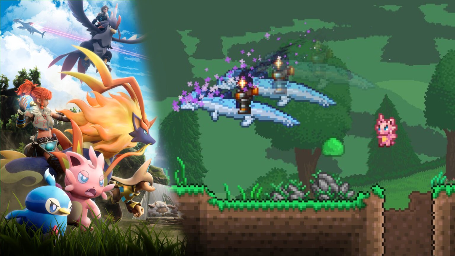 Thumbnail for the Guide on How to Obtain all the Palworld Crossover items in Terraria, featuring the key art from Palworld next to a screenshot of Terraria.