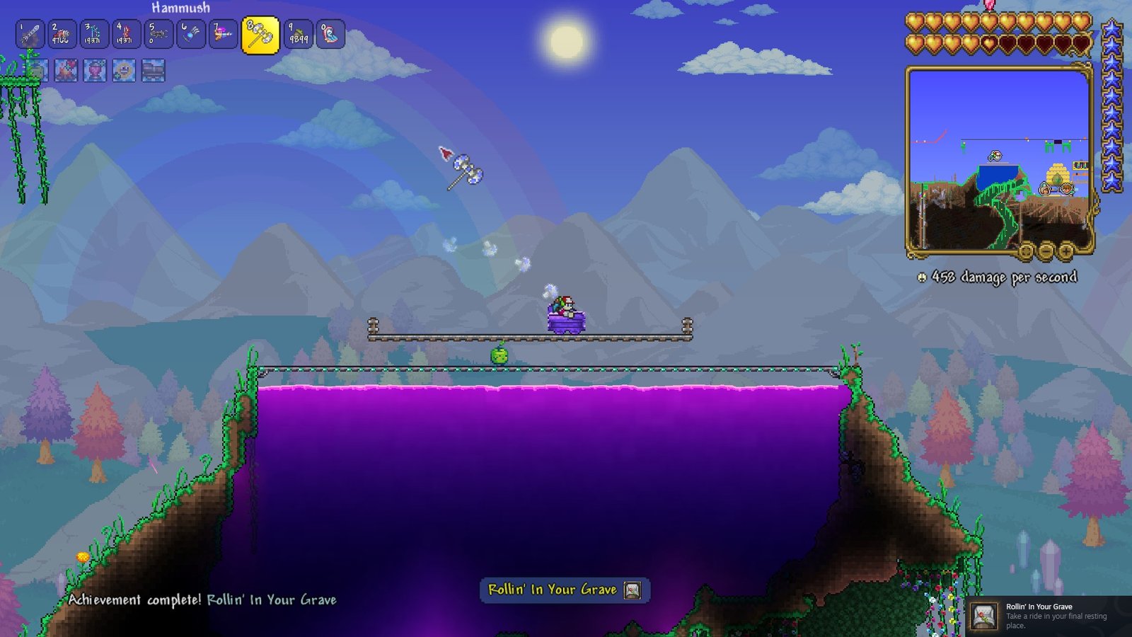 Screenshot of a Terraria 1.4.5 player riding in a Coffin Minecart for the new achievement "Rollin' in your grave".
