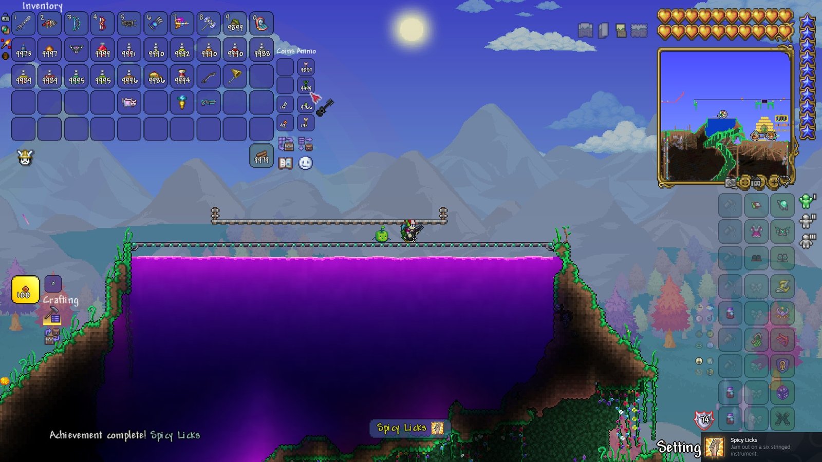 Screenshot of a Terraria 1.4.5 player getting the new achievement "Spicy Licks" by playing a guitar.
