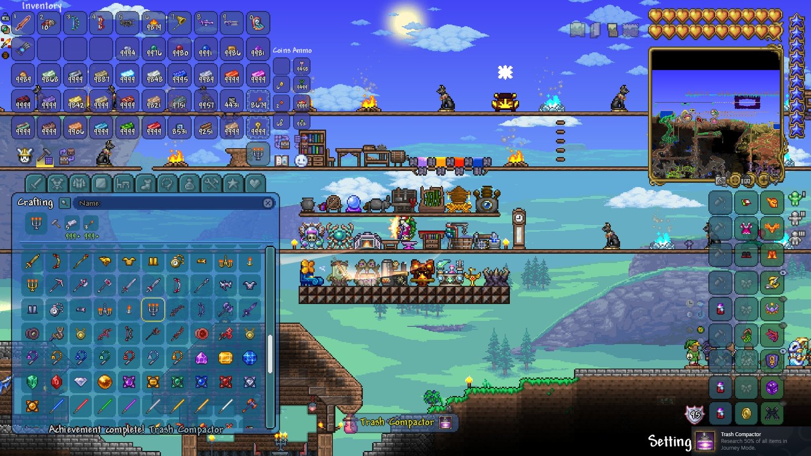 Screenshot of a Terraria 1.4.5 player earning the new achievement "Trash Compactor" after researching 50% of all items in Journey mode.