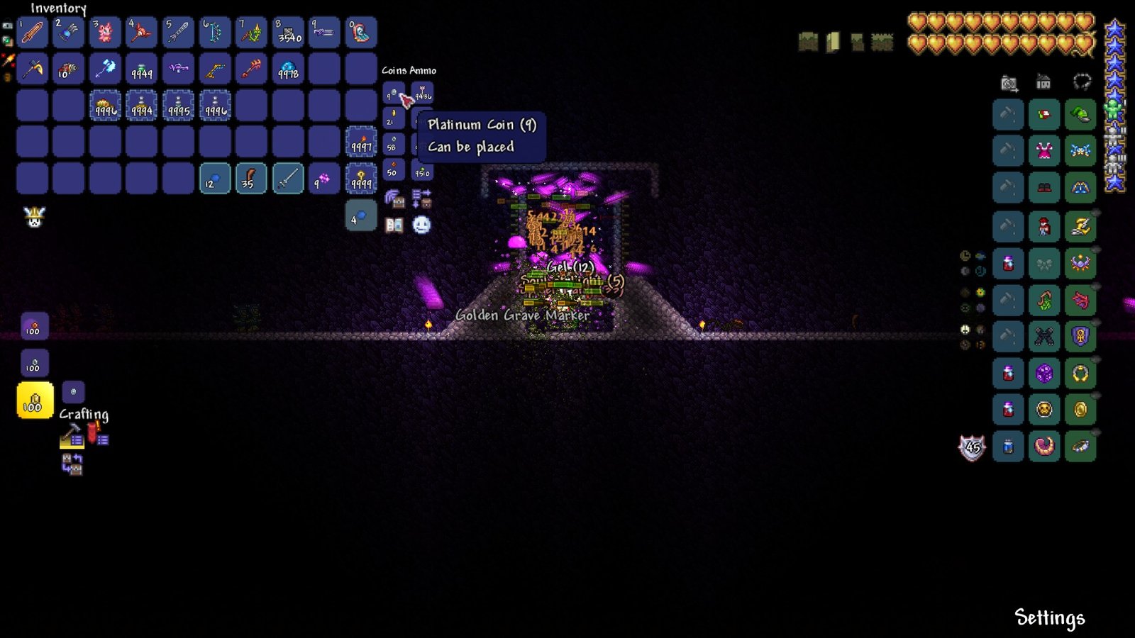 Screenshot of a player using a mob grinder to farm money in Terraria 1.4.5.