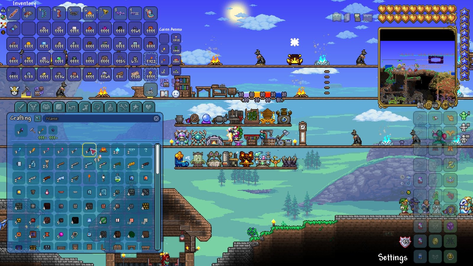 Screenshot of a Terraria 1.4.5 player crafting torches to earn the new achievement "Trash Compactor".