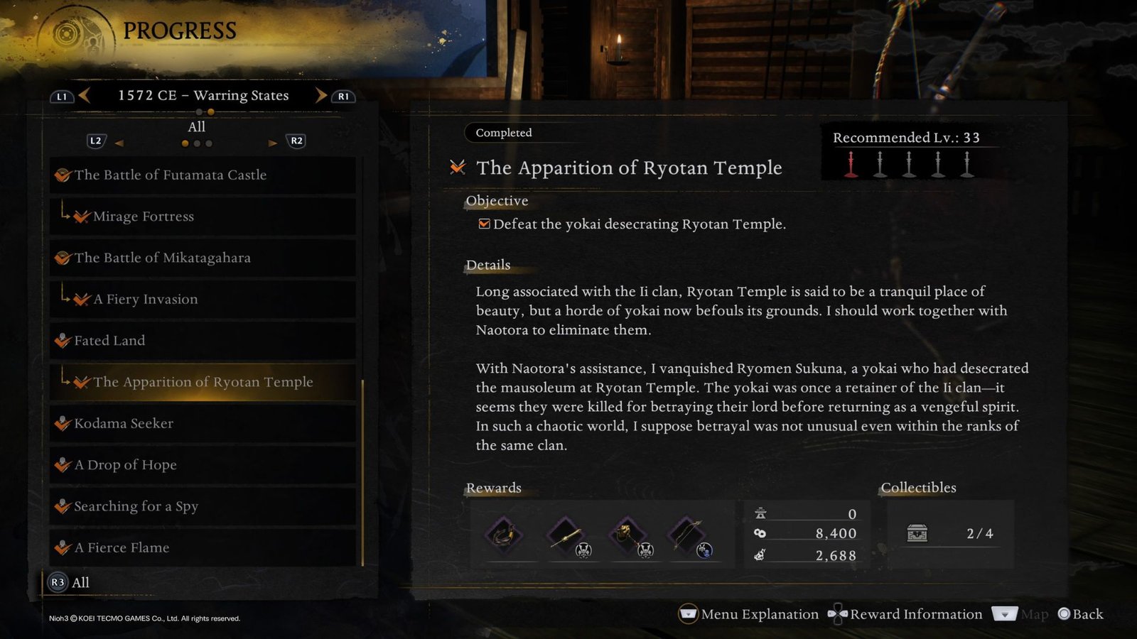 The apparition of Ryotan Temple side quest in Nioh 3