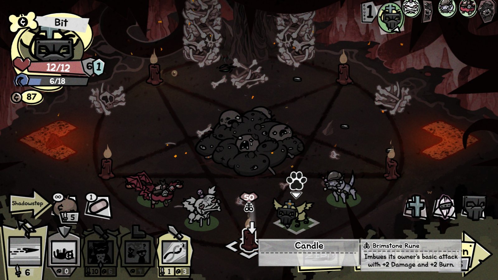 Four cats stand in a ritual with a mass of flesh