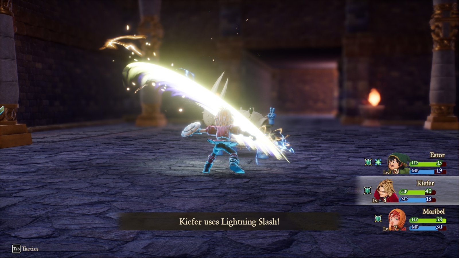 Kiefer hitting the Crabble-Rouser with a Lightning Slash in Dragon Quest VII Reimagined