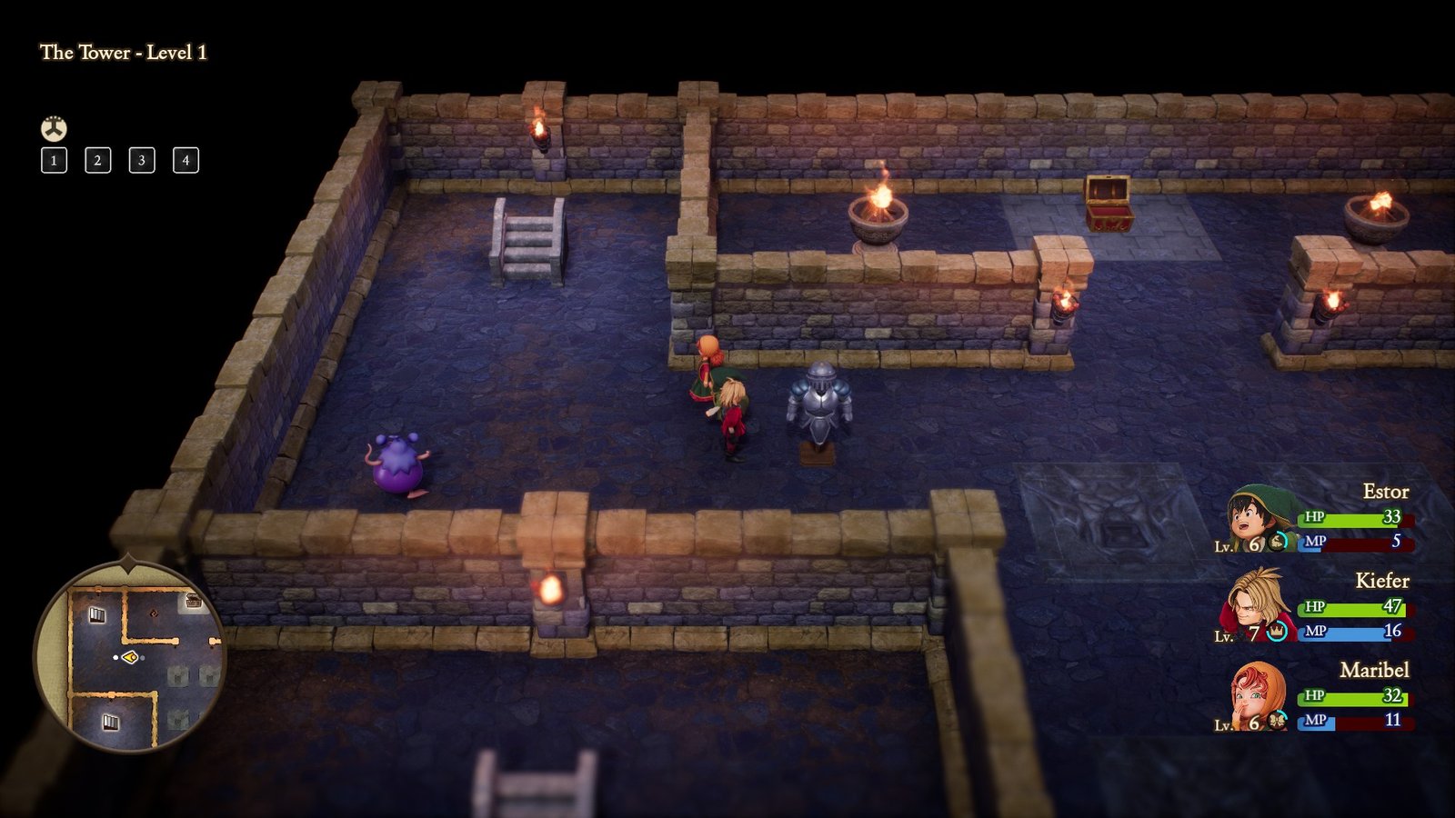 The party passing a suit of armor in the Tower of Dragon Quest VII Reimagined