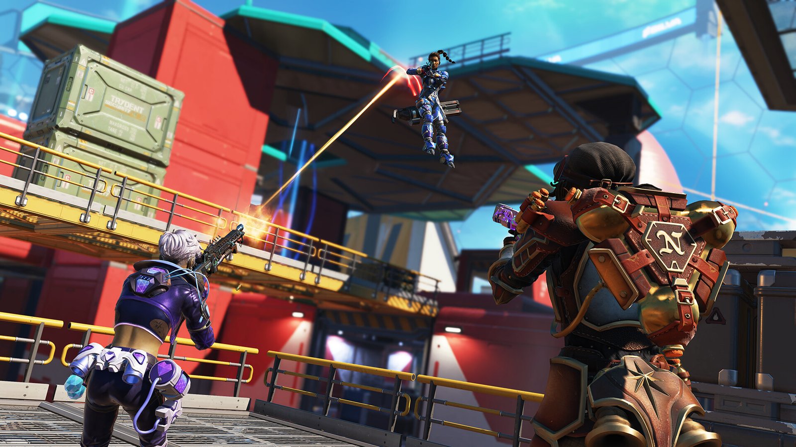 Three people firing at each other in Apex Legends.