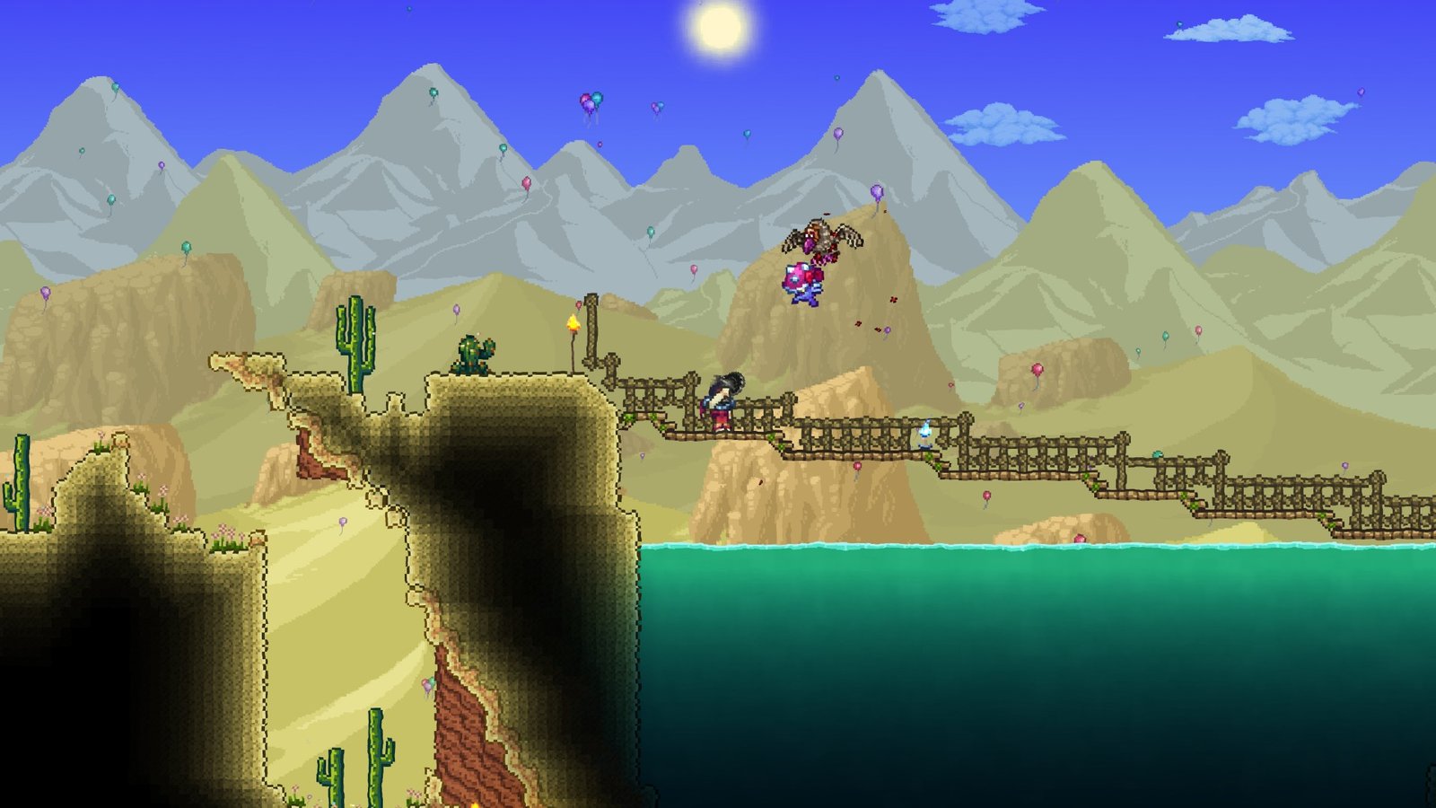 A player using the Dead Cells Crossover item, the Mushroom Staff, to kill a Vulture in Terraria.