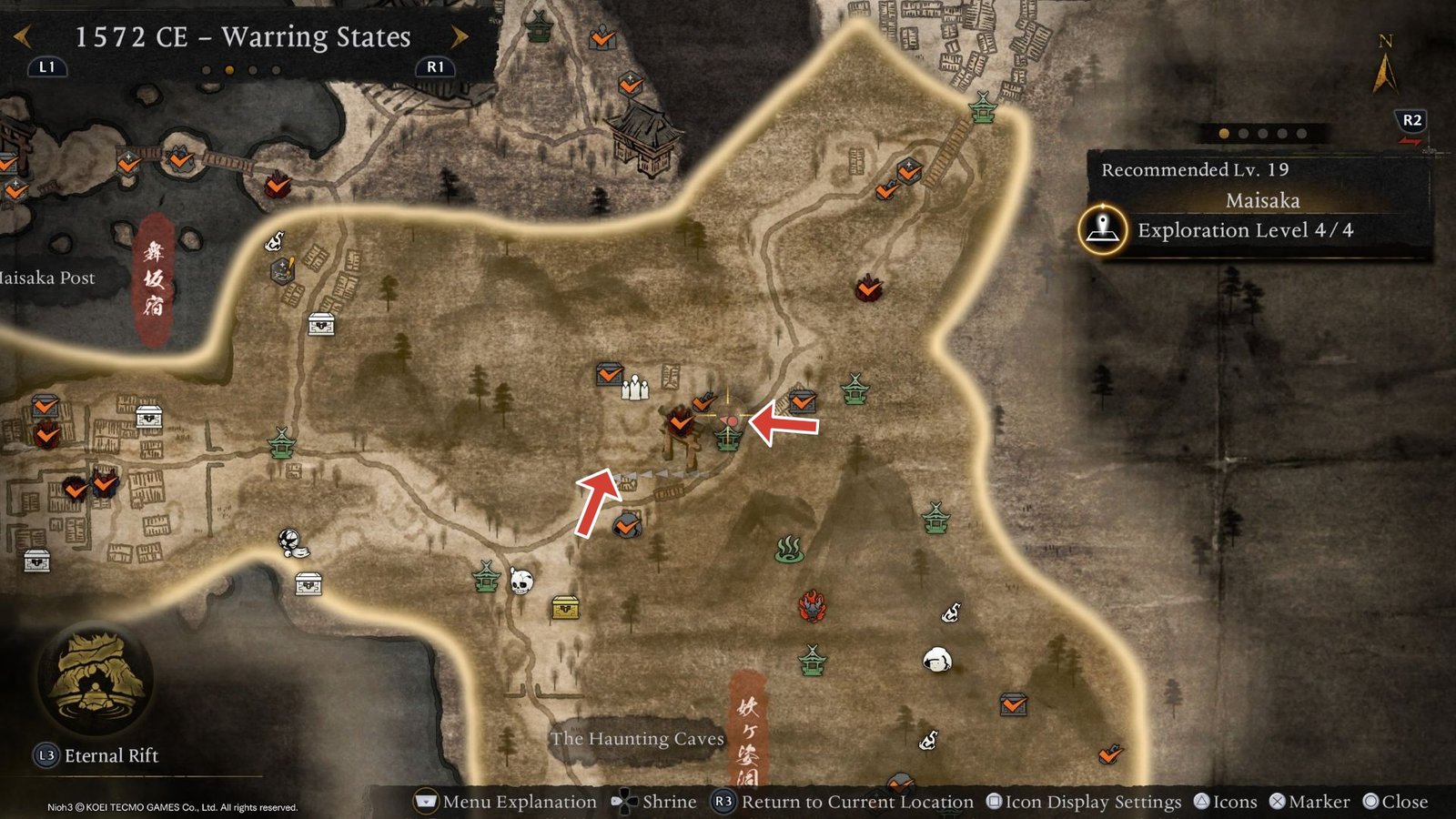 Arrows showing the location of the dam levers in Maisaka Nioh 3