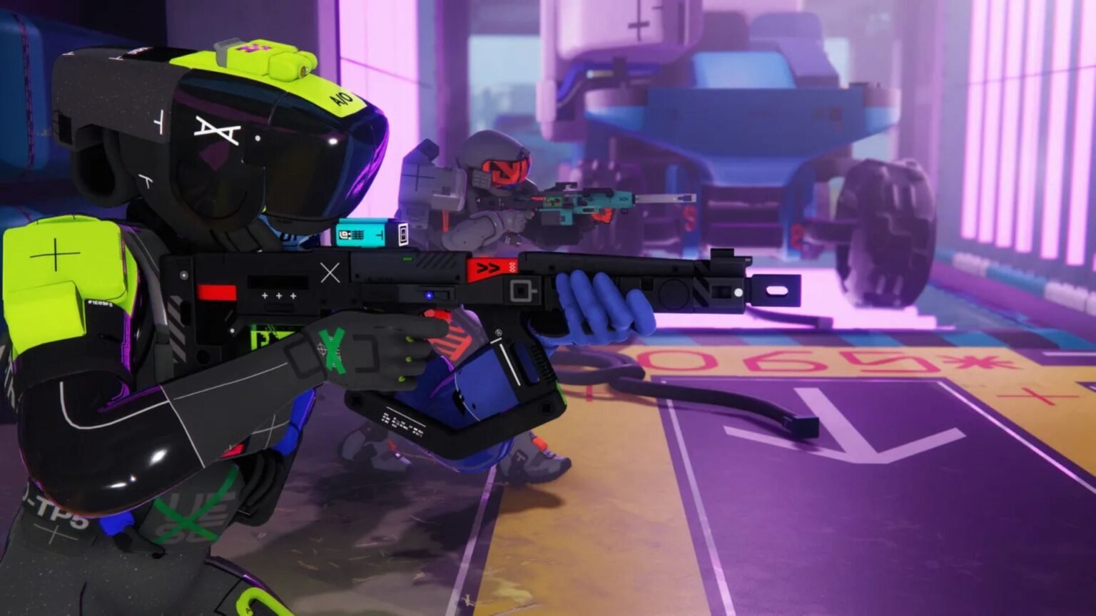 Marathon players move through a building with a vehicle in the background