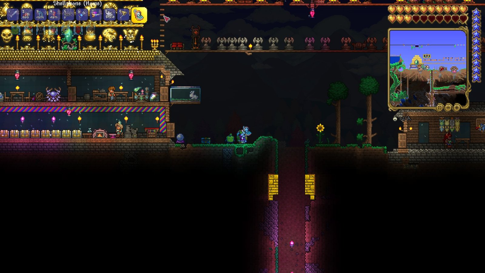 Terraria 1.4.5 player using the Shellphone to warp home.