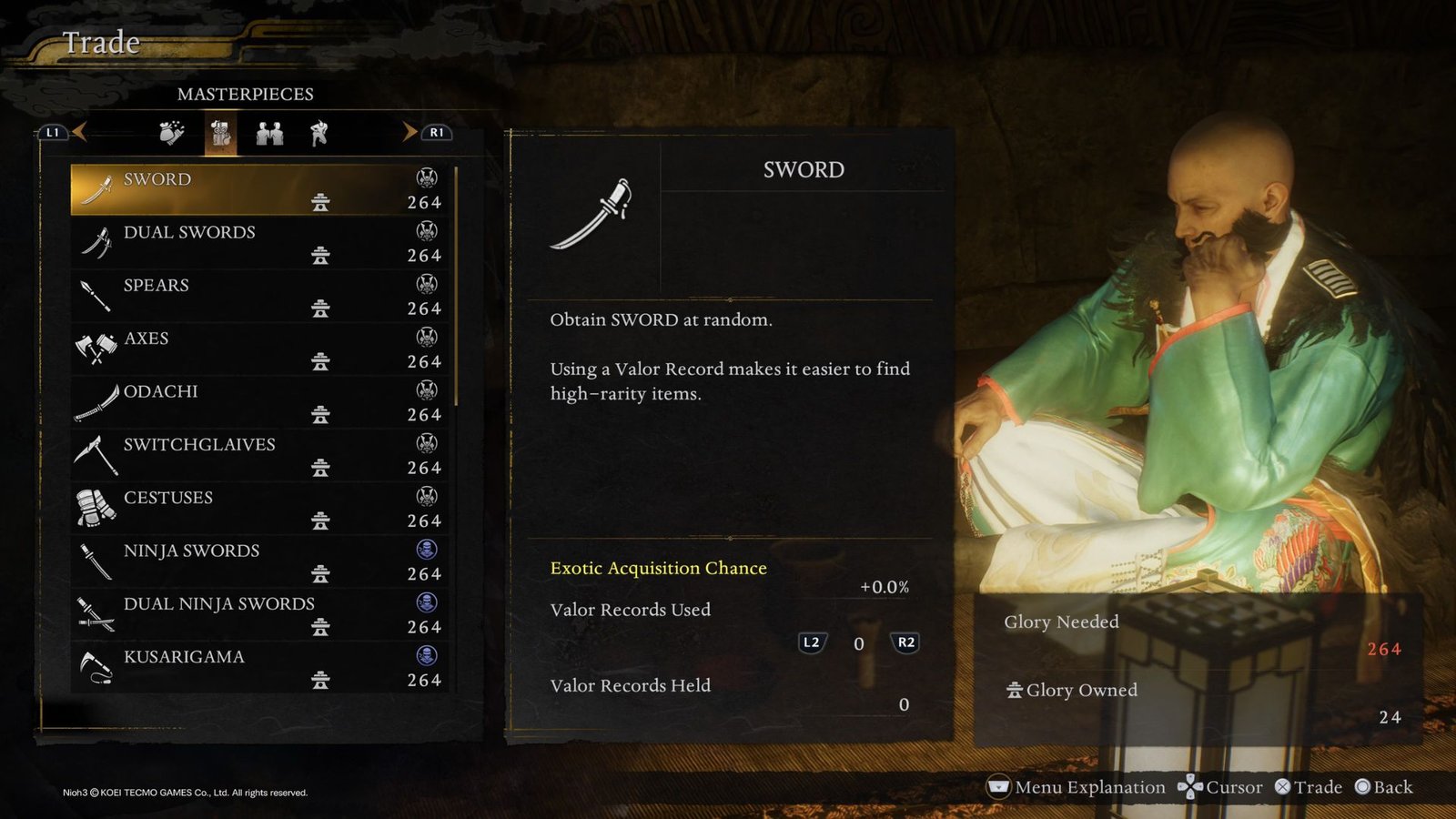 Masterpieces menu in Nioh 3