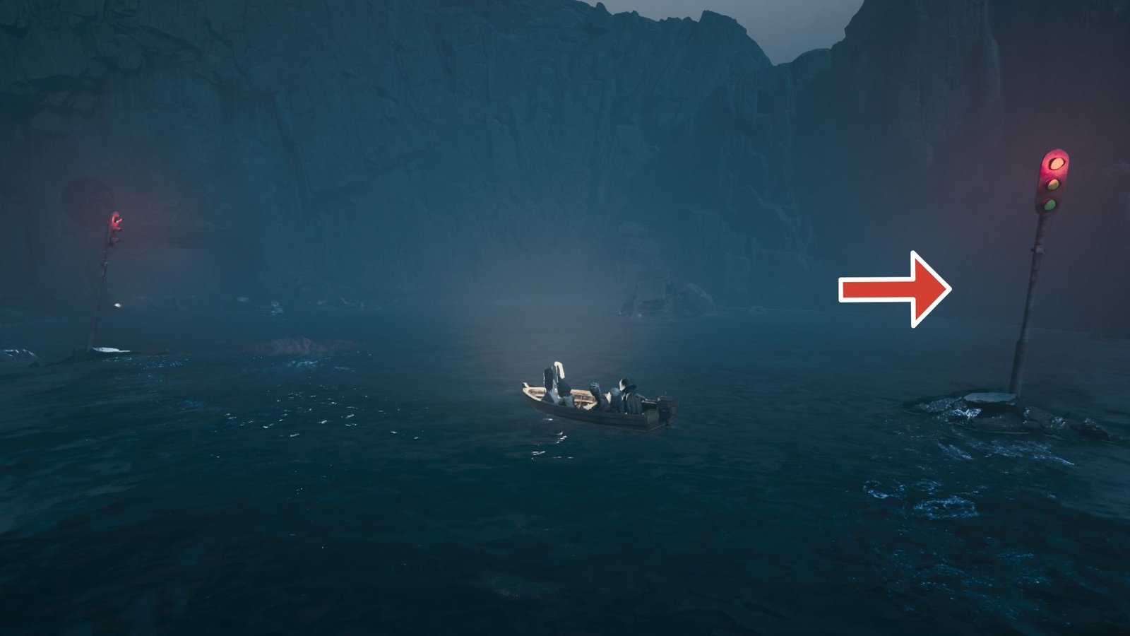 Arrow pointing to a hidden cave that leads to a hidden statue in Reanimal