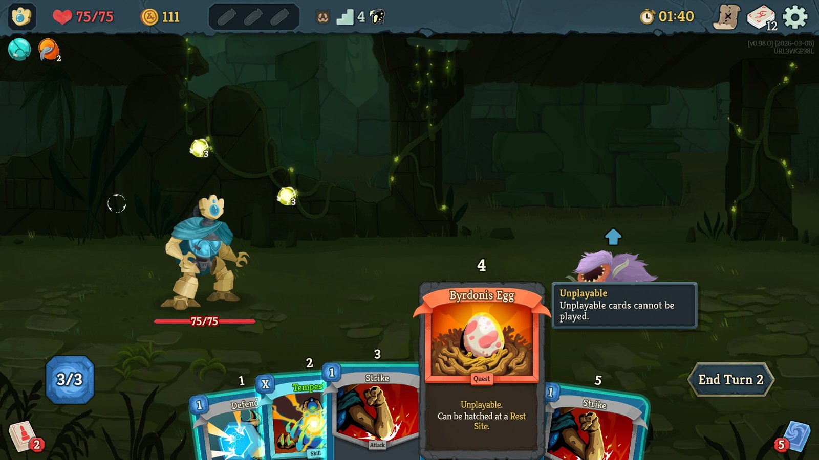 The Byrdonis Egg quest card takes up a slot in STS2