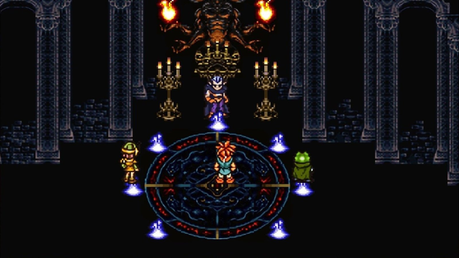 Image of characters from Chrono Trigger surrounded by torches