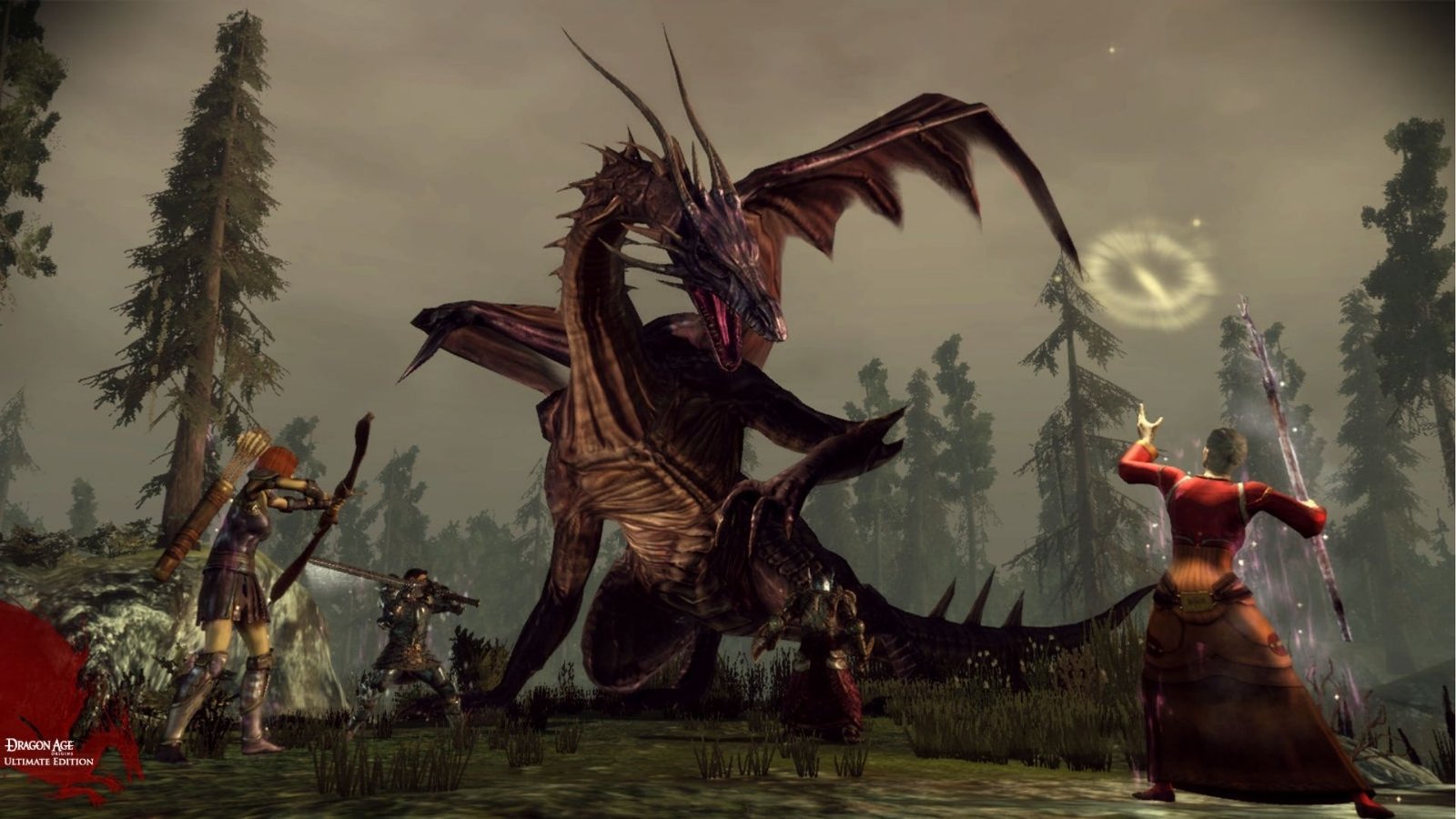 Dragon Age: Origins image showing a party of four facing a dragon