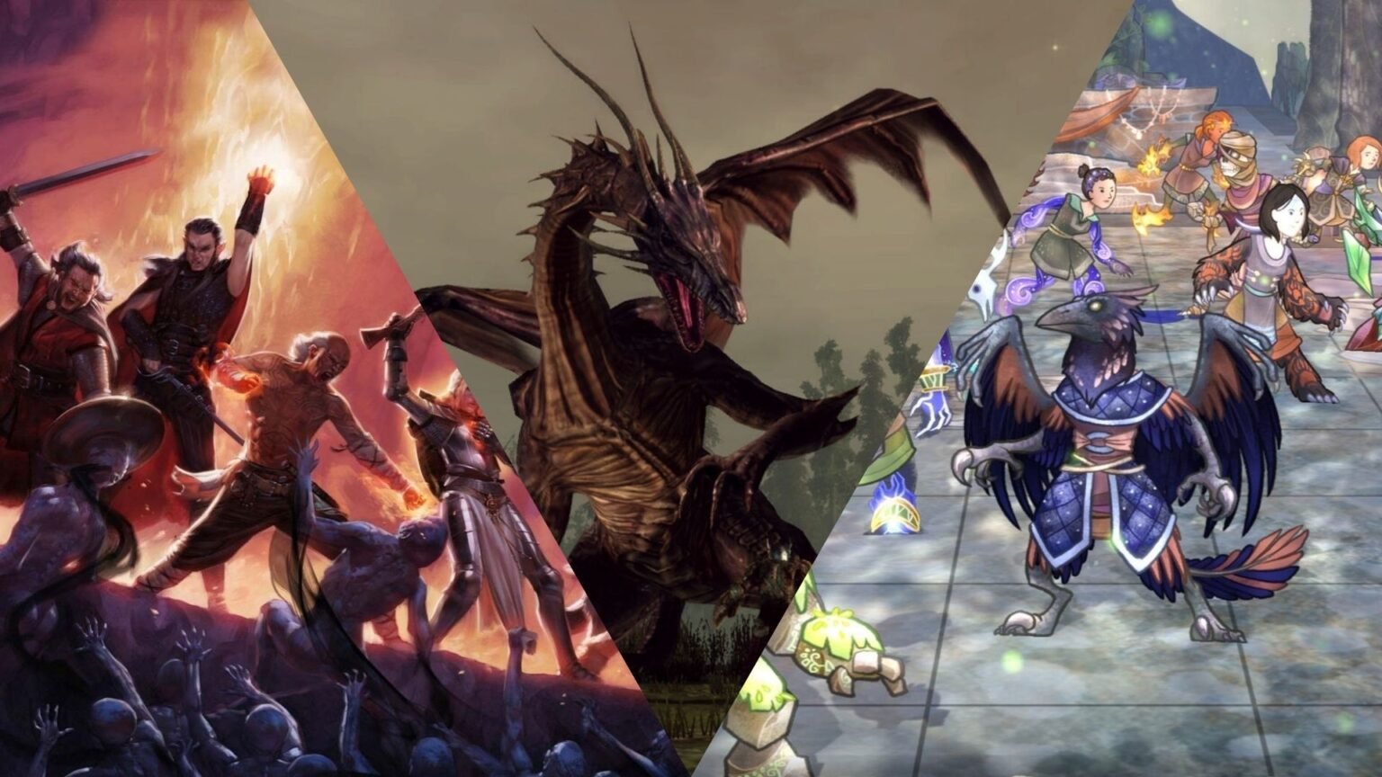 Collage showing images from Pillars of Eternity, Dragon Age: Origins and Wildermyth