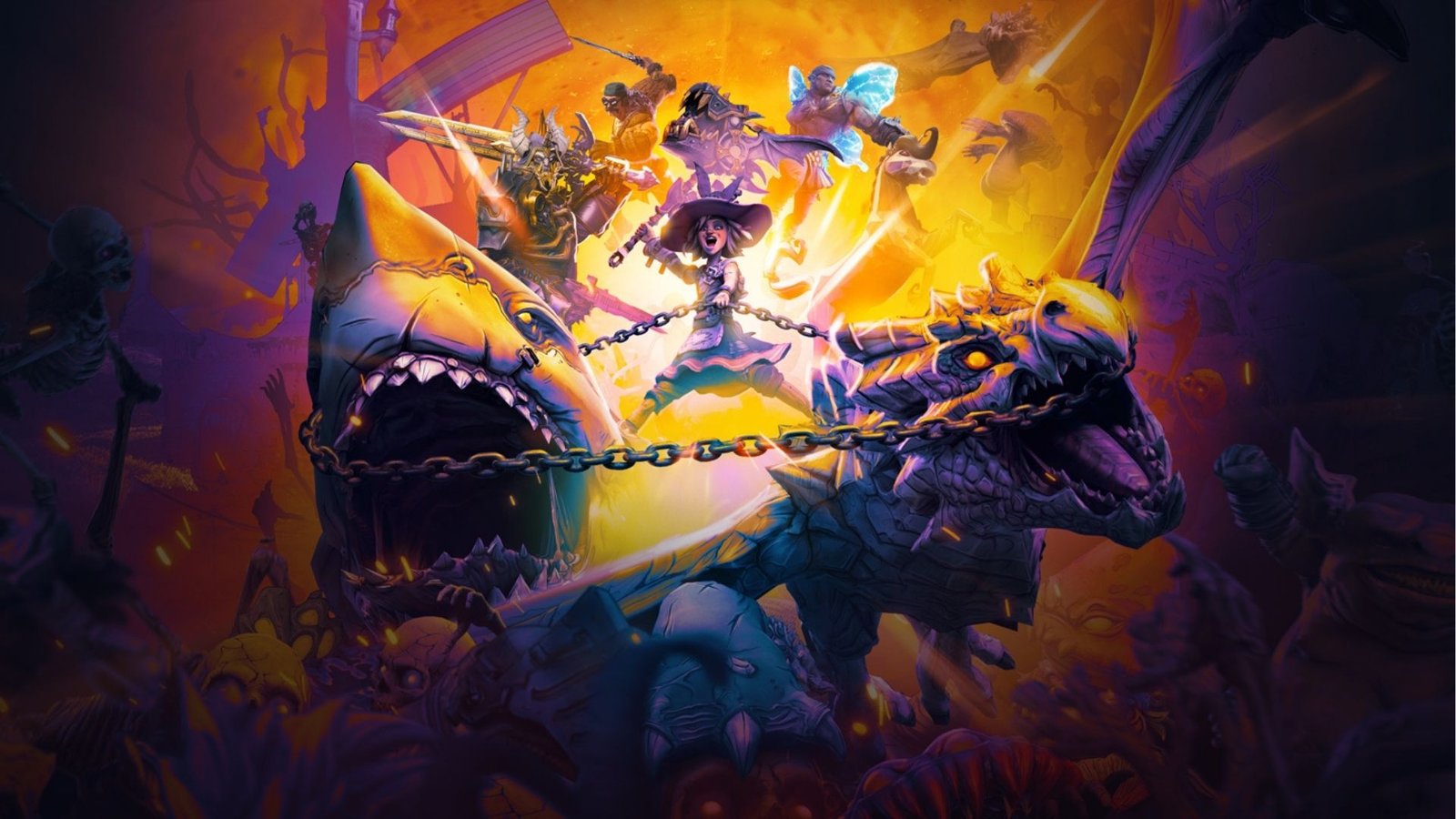 Tiny Tina's Wonderland promotional image showing the titular character riding several creatures for a D&D style campaign
