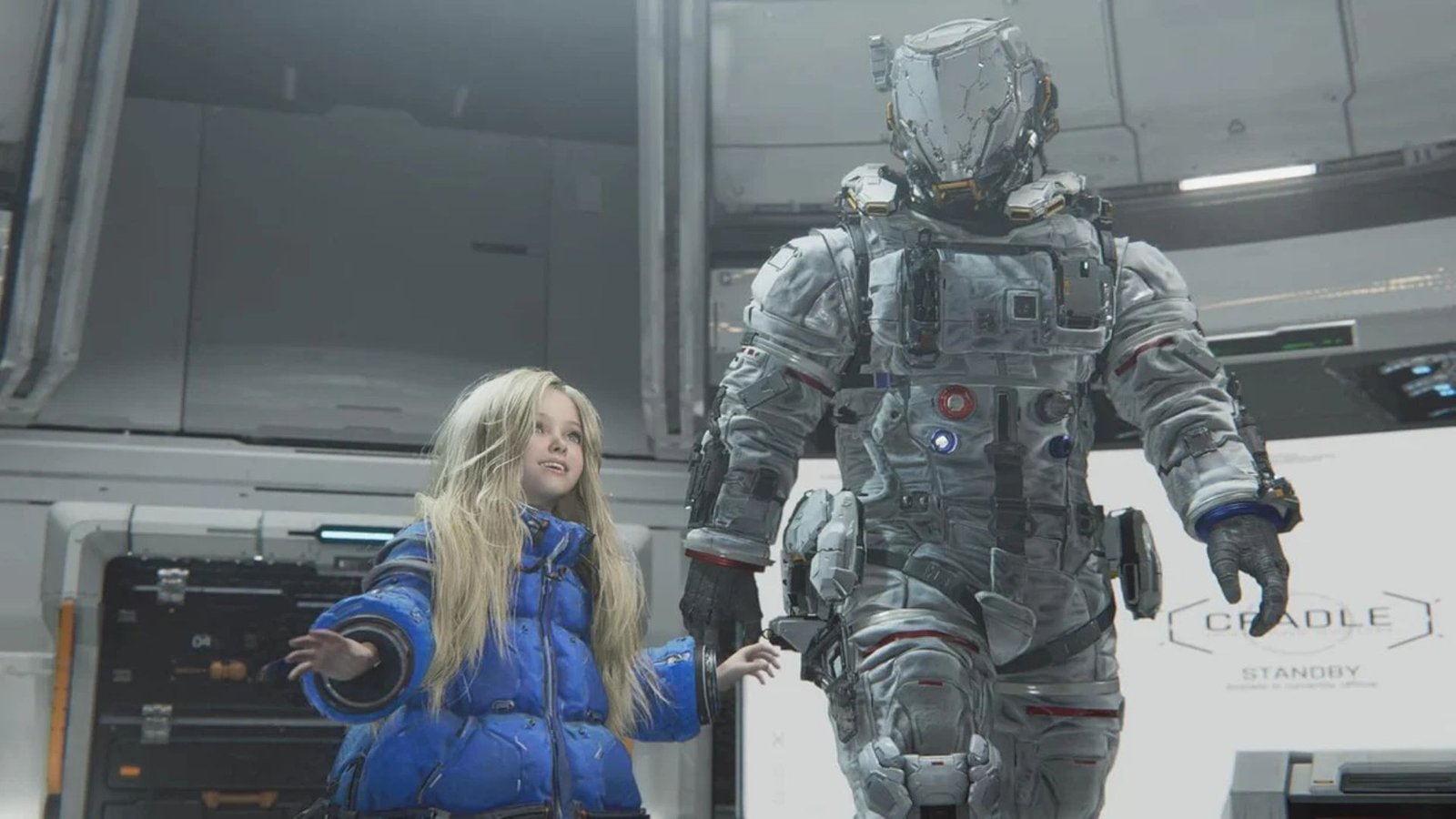 Walking and smiling with Pragmata characters