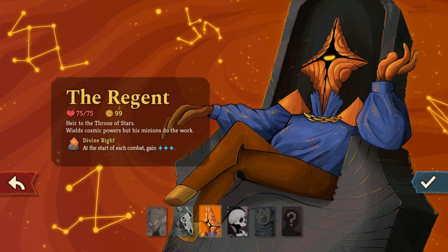 The Regent's character select in Slay the Spire 2