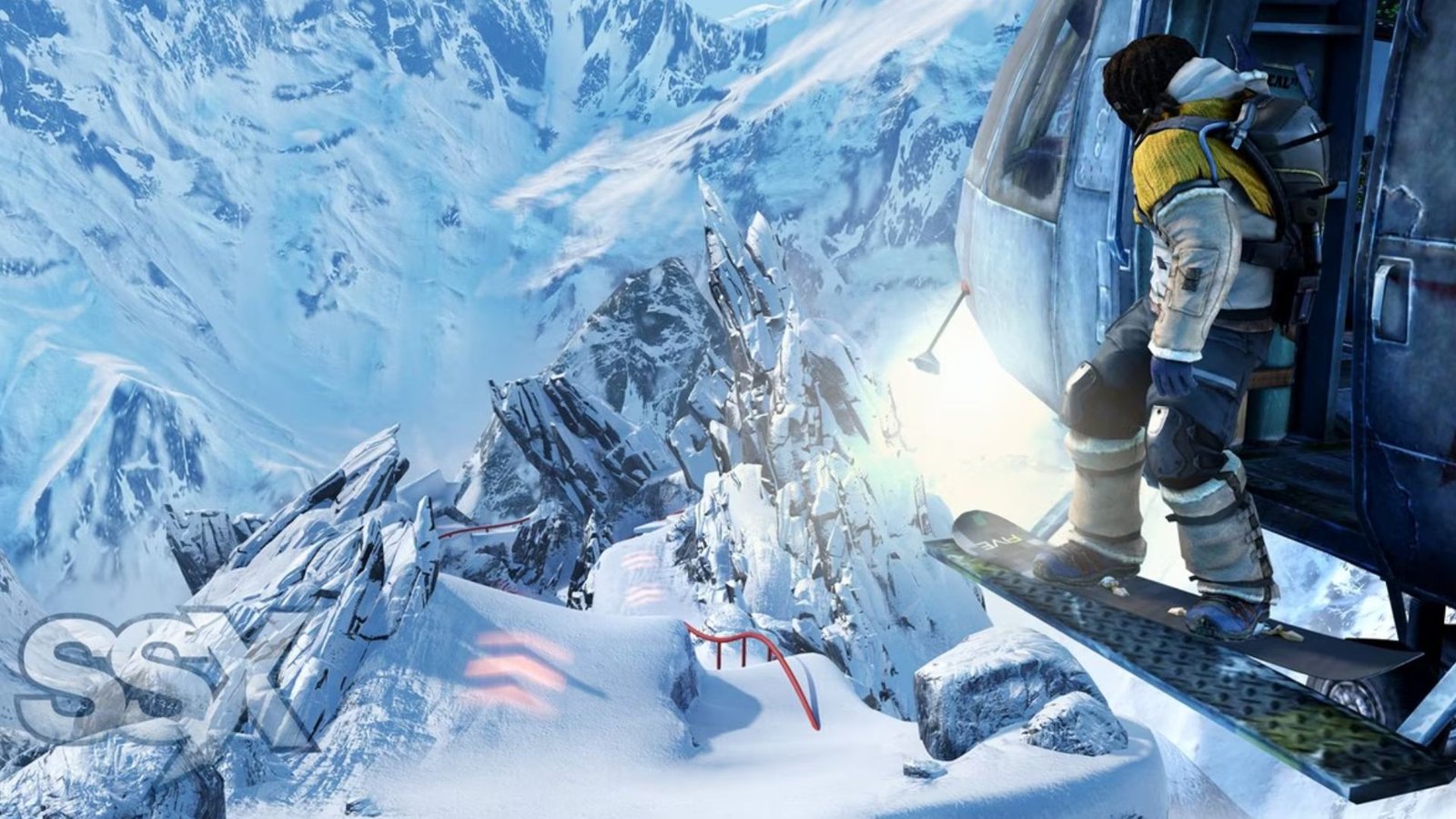 Snowboarder hanging onto a helicopter in SSX