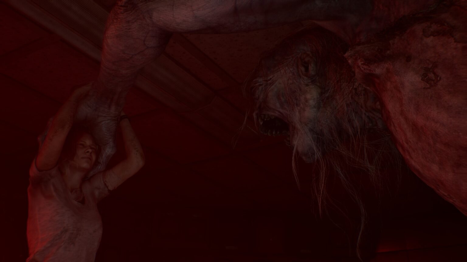 A monster holds Grace with one hand in RE9