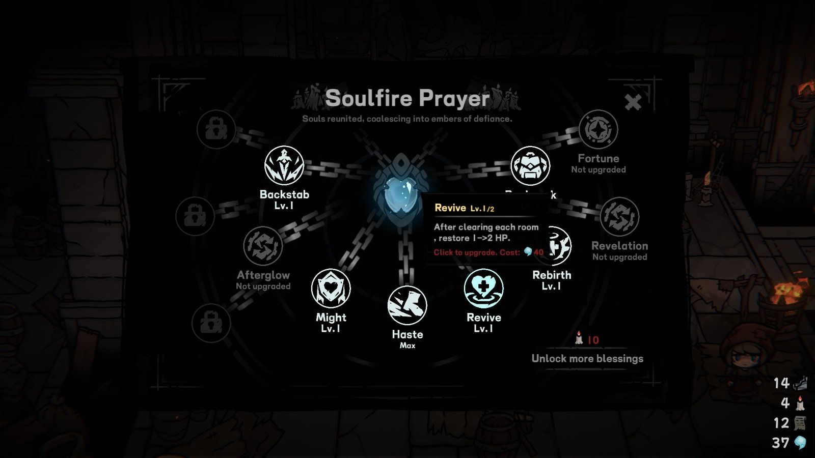 The Soulfire Prayer menu in Cinderia