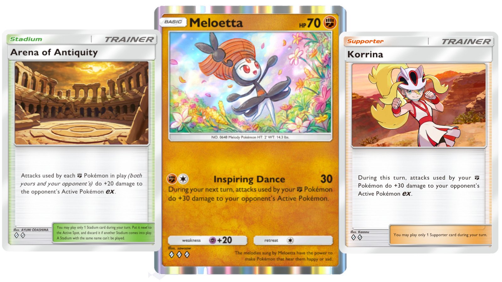 Pokemon TCG Pocket Pulsing Aura Fighting Support Meloetta Korrina Arena of Antiquity cards